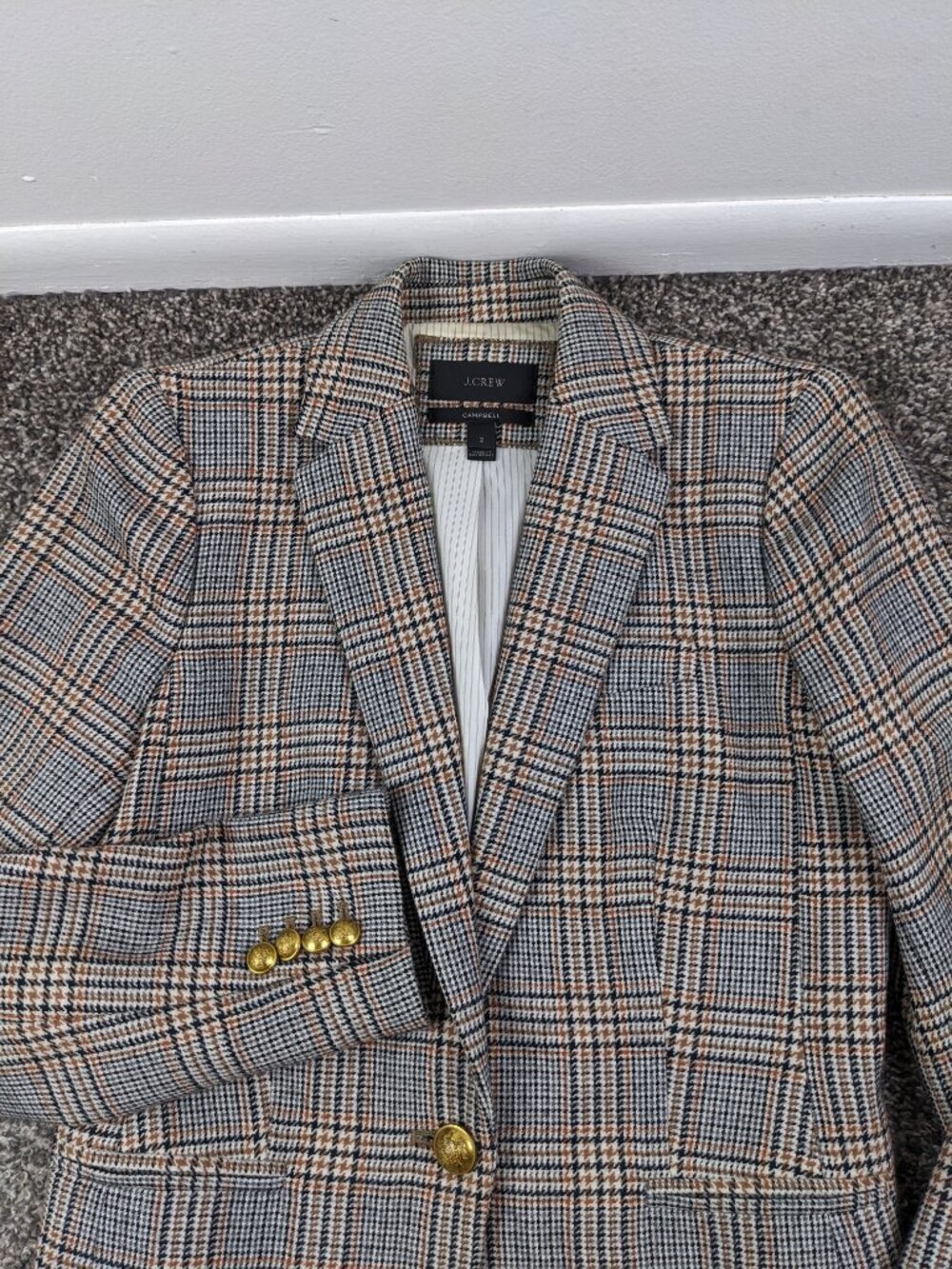 J Crew Blazer Jacket Campbell Tweed Wool Gray Glen Plaid Gold Button Womens 2